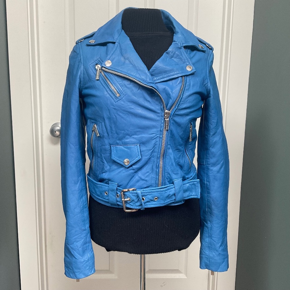 Royal Blue Michael Michael Kors Leather Biker Moto Jacket